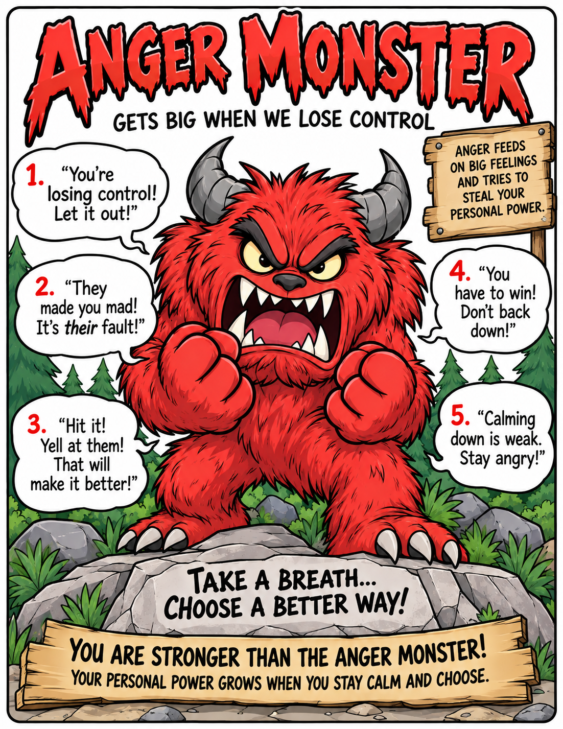 The red Anger Monster, with a reminder to take a breath and choose a better way.