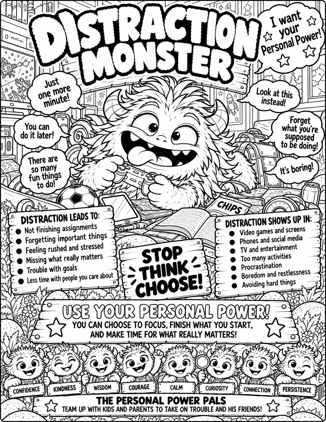 Distraction Monster black-line coloring page