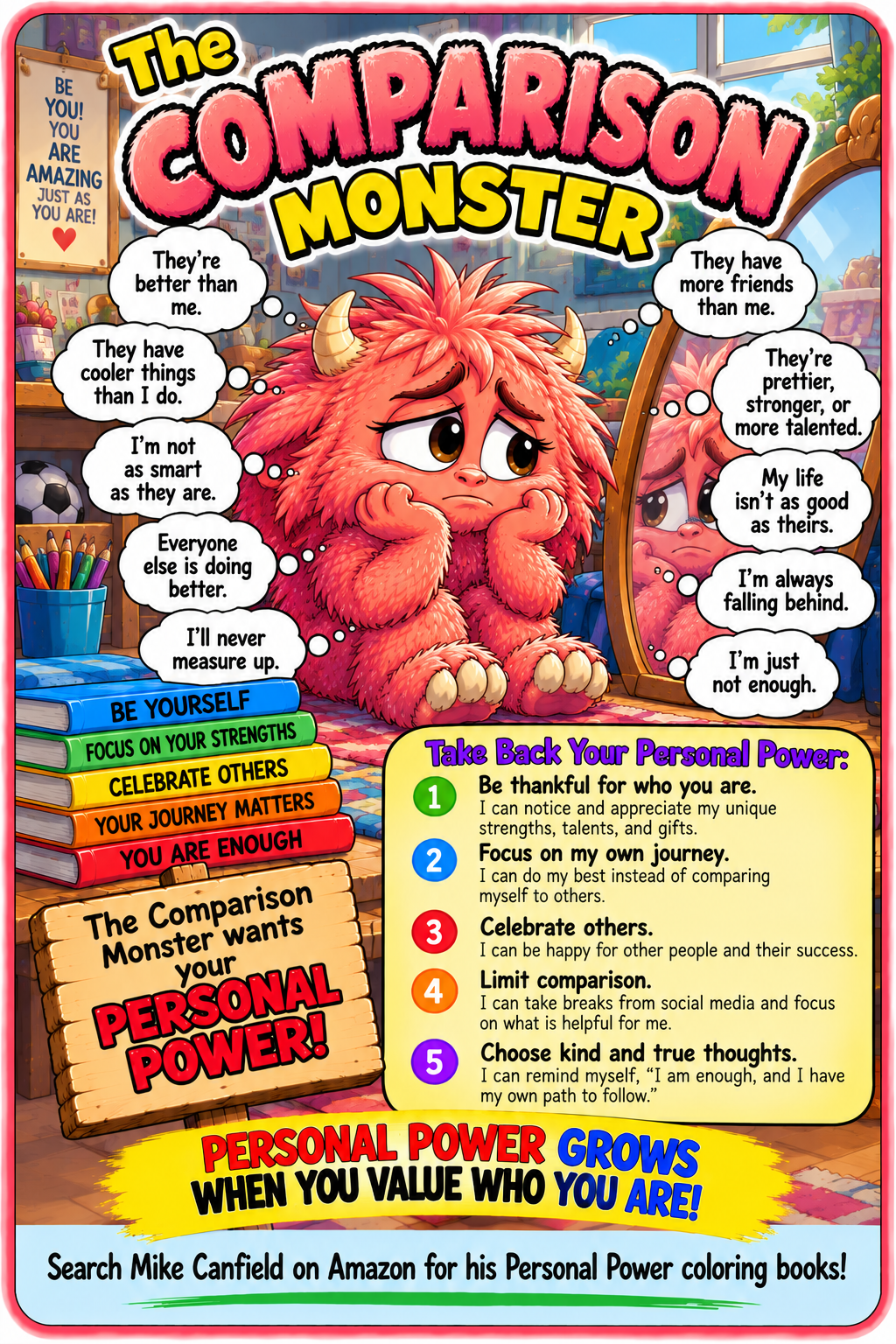 The pink Comparison Monster, with reminders to appreciate your strengths, follow your own journey, and celebrate others.