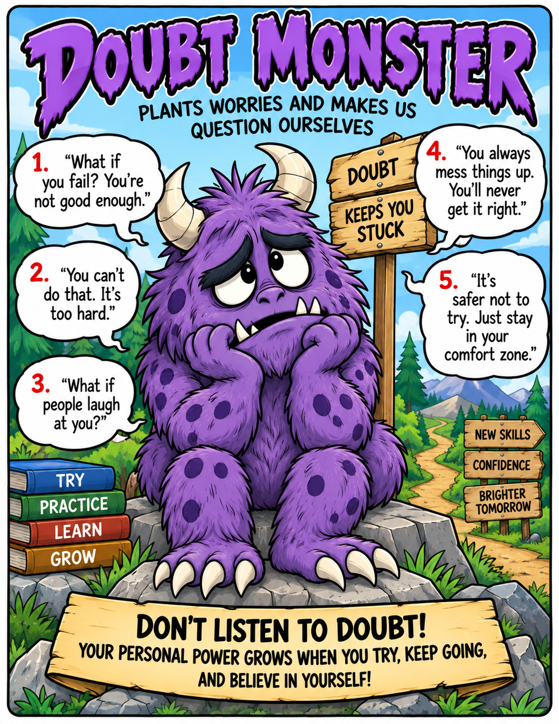 The purple Doubt Monster, with a reminder to try, keep going, and believe in yourself.