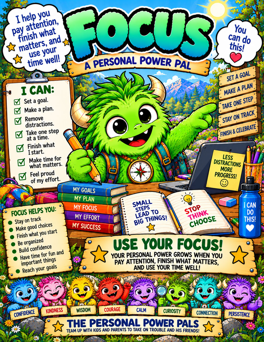 Focus, a green Personal Power Pal, with reminders to set a goal, make a plan, remove distractions, and take one step at a time.