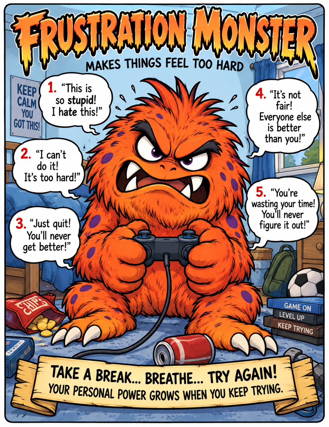 The orange Frustration Monster holding a game controller, with a reminder to take a break, breathe, and try again.