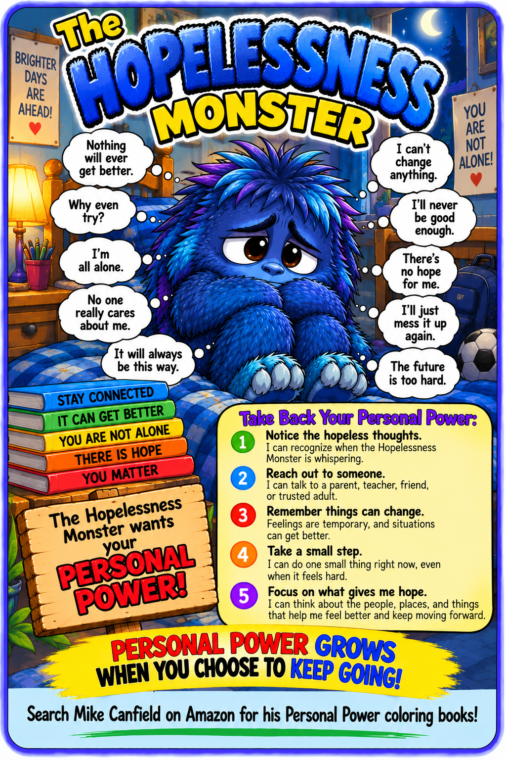The blue Hopelessness Monster, with reminders to stay connected, reach out to someone you trust, and take a small step toward hope.