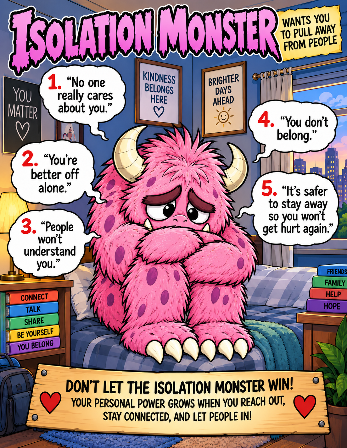 The pink Isolation Monster, with a reminder to reach out, stay connected, and let people in.