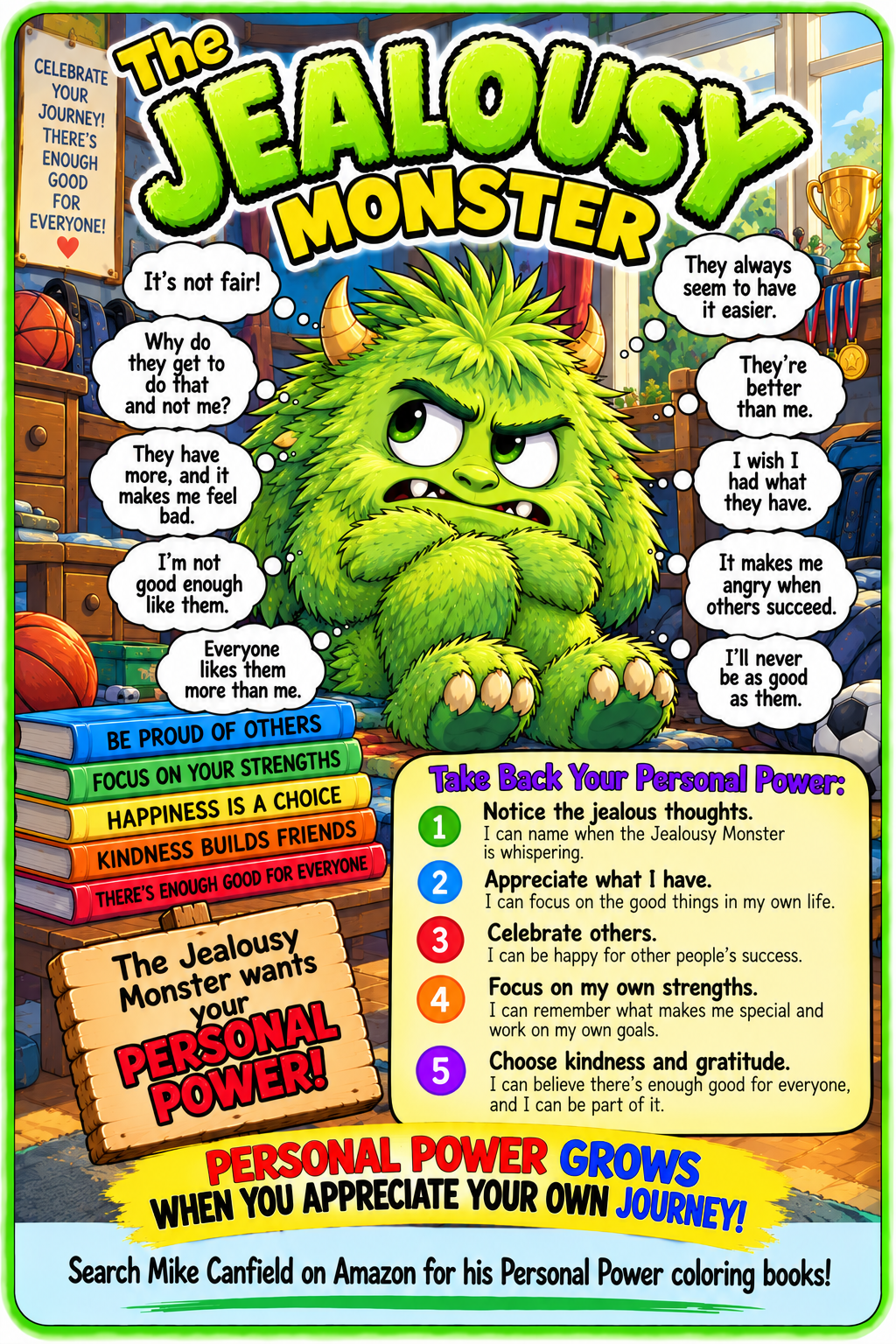 The green Jealousy Monster, with reminders to appreciate what you have, celebrate others, and focus on your own strengths.