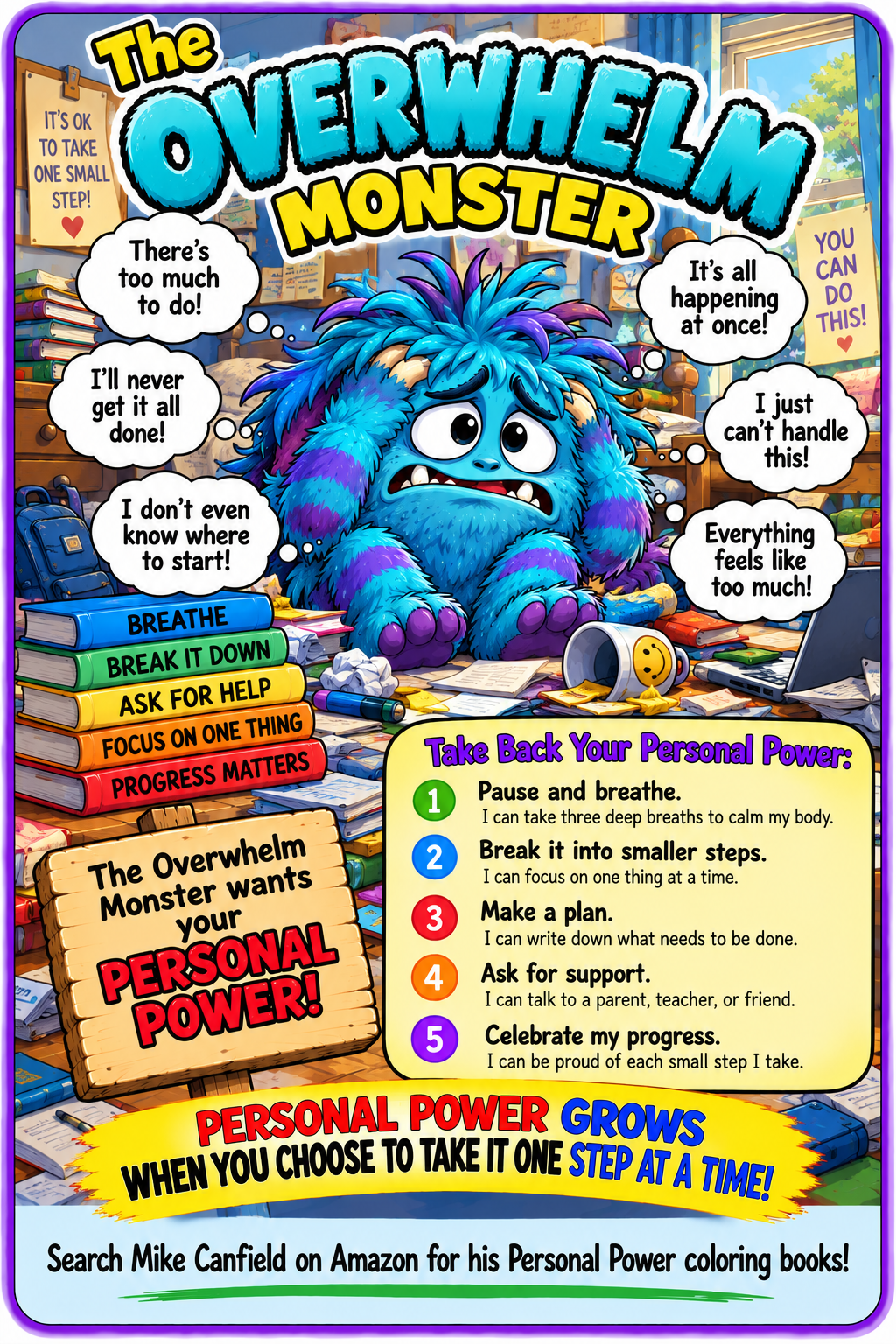 The blue and purple Overwhelm Monster, with reminders to breathe, break tasks into smaller steps, ask for help, and celebrate progress.